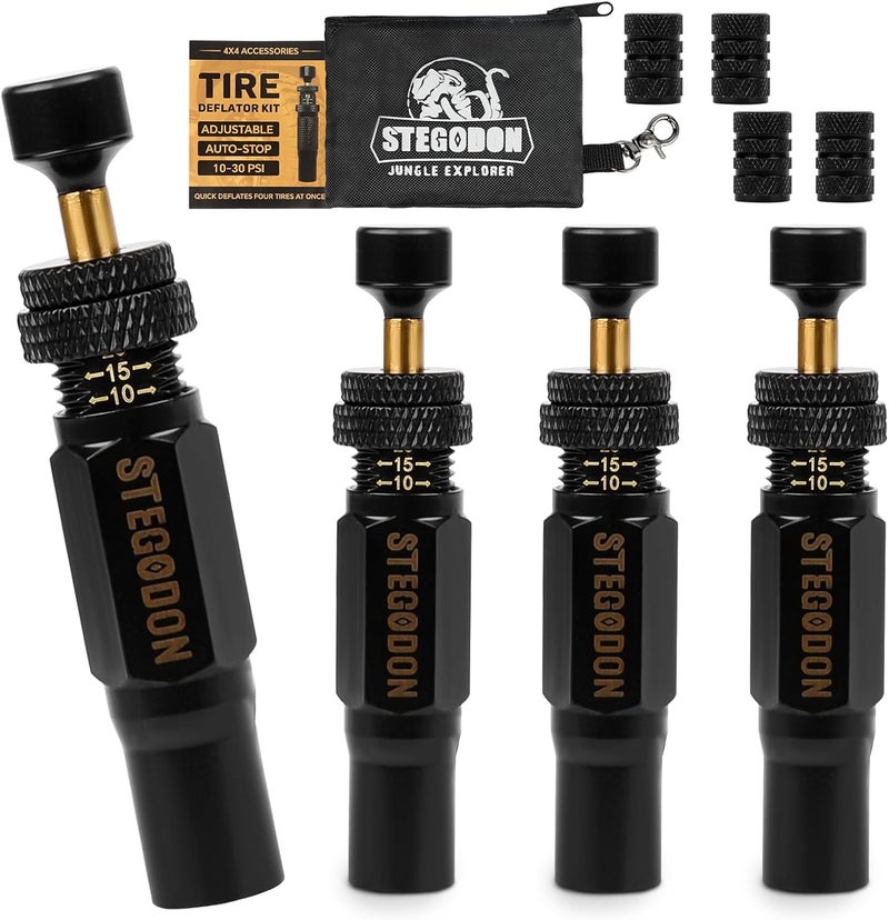 STEGODON Adjustable Auto-Stop Tire Deflator Valve Kit (10-30 PSI) 4 PCS Tire Air Down Tool for Off-Road Jeeps, Trucks, SUVs Offroad 4x4 Accessories with Storage Pouch - Image 1